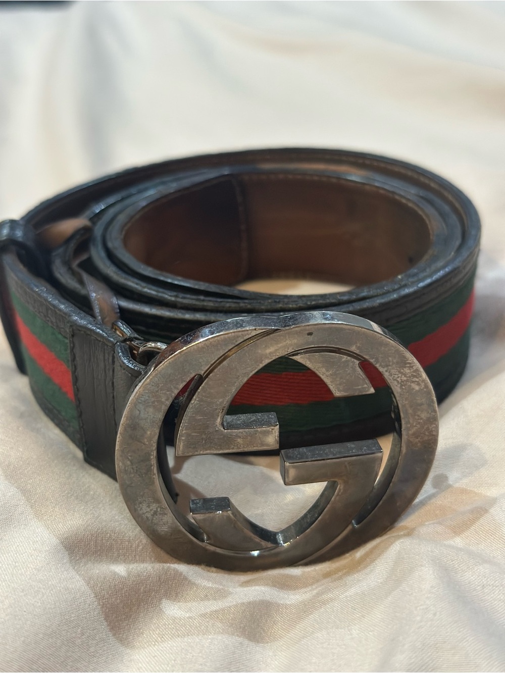 Authentic Gucci Black Leather Belt Green & Red Web Stripe Silver Double G Buckle